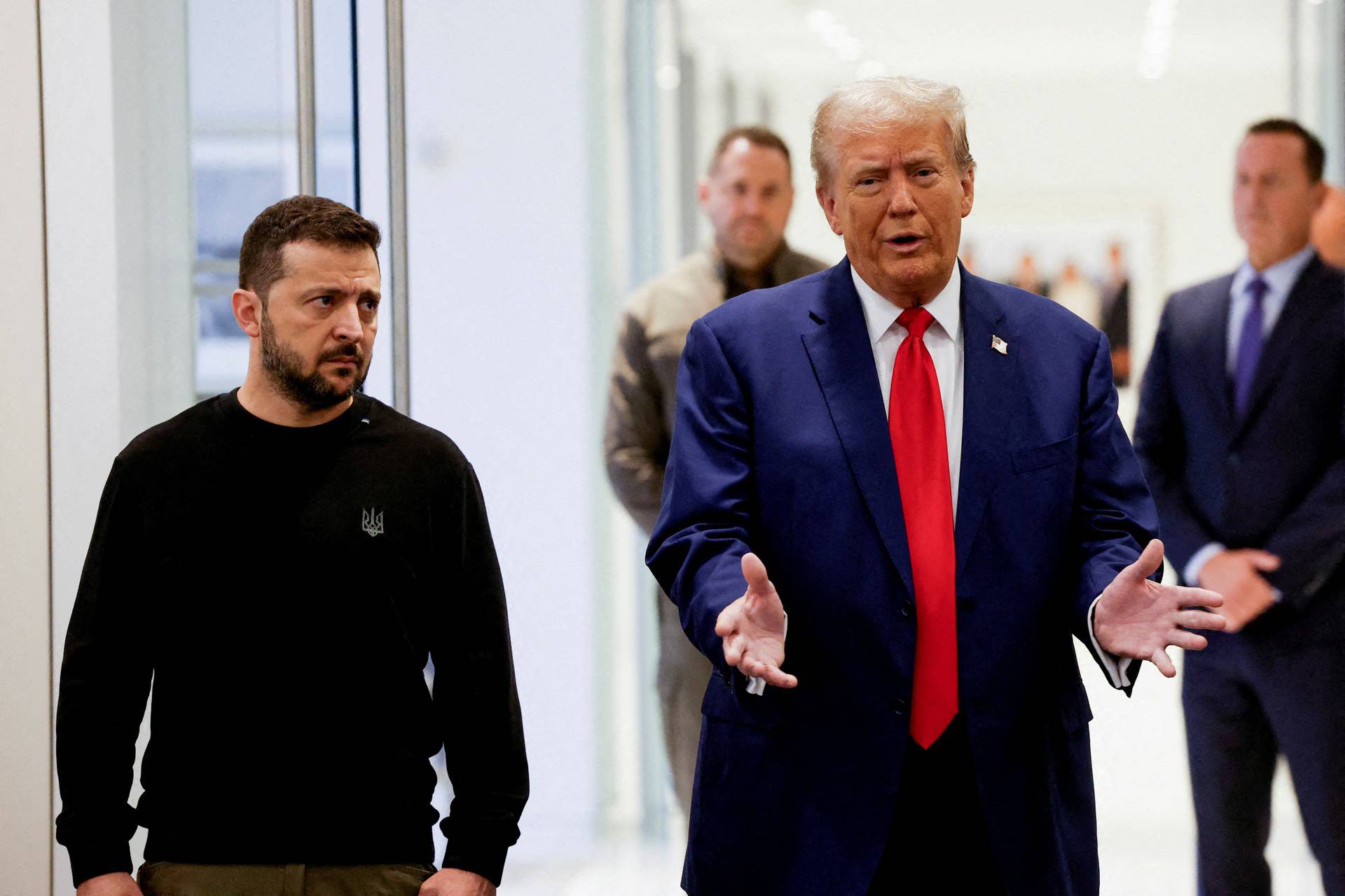 FILE PHOTO: Republican presidential nominee and former U.S. President Donald Trump and Ukraine's President Volodymyr Zelenskiy meet in New York