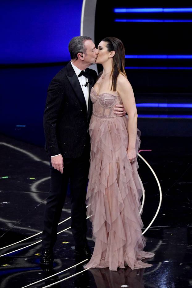 Sanremo, 73rd Italian Song Festival, Third Evening. Amadeus with his family on the Ariston stage