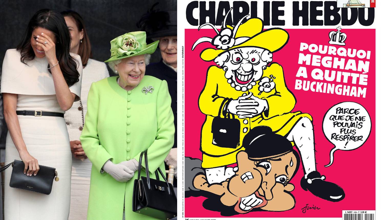 Charlie Hebdo opet je šokirao: Kraljica drži koljeno na Meghan