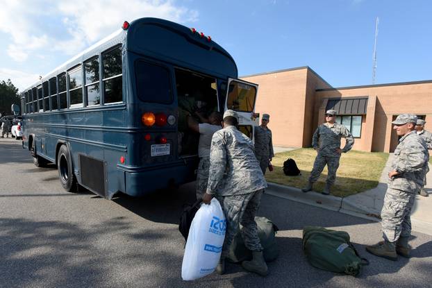 U.S. Airmen from the South Carolina Air National Guard and 169th Fighter Wing prepare to deploy to support rescue efforts in advance of Hurricane Florence