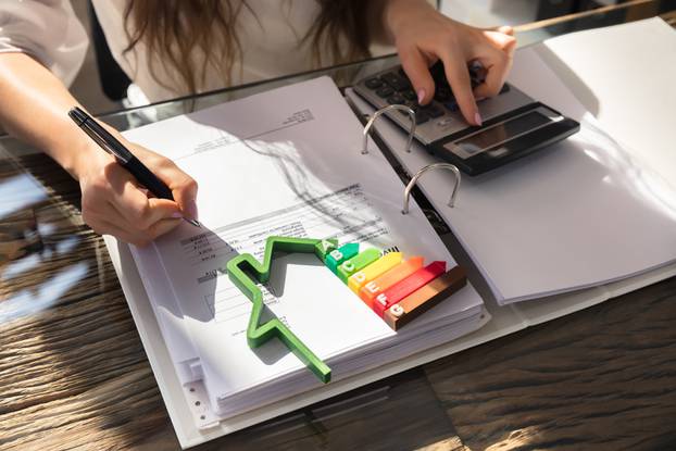 Woman,Calculating,Invoice,With,Energy,Efficient,Chart,And,House,Silhouette