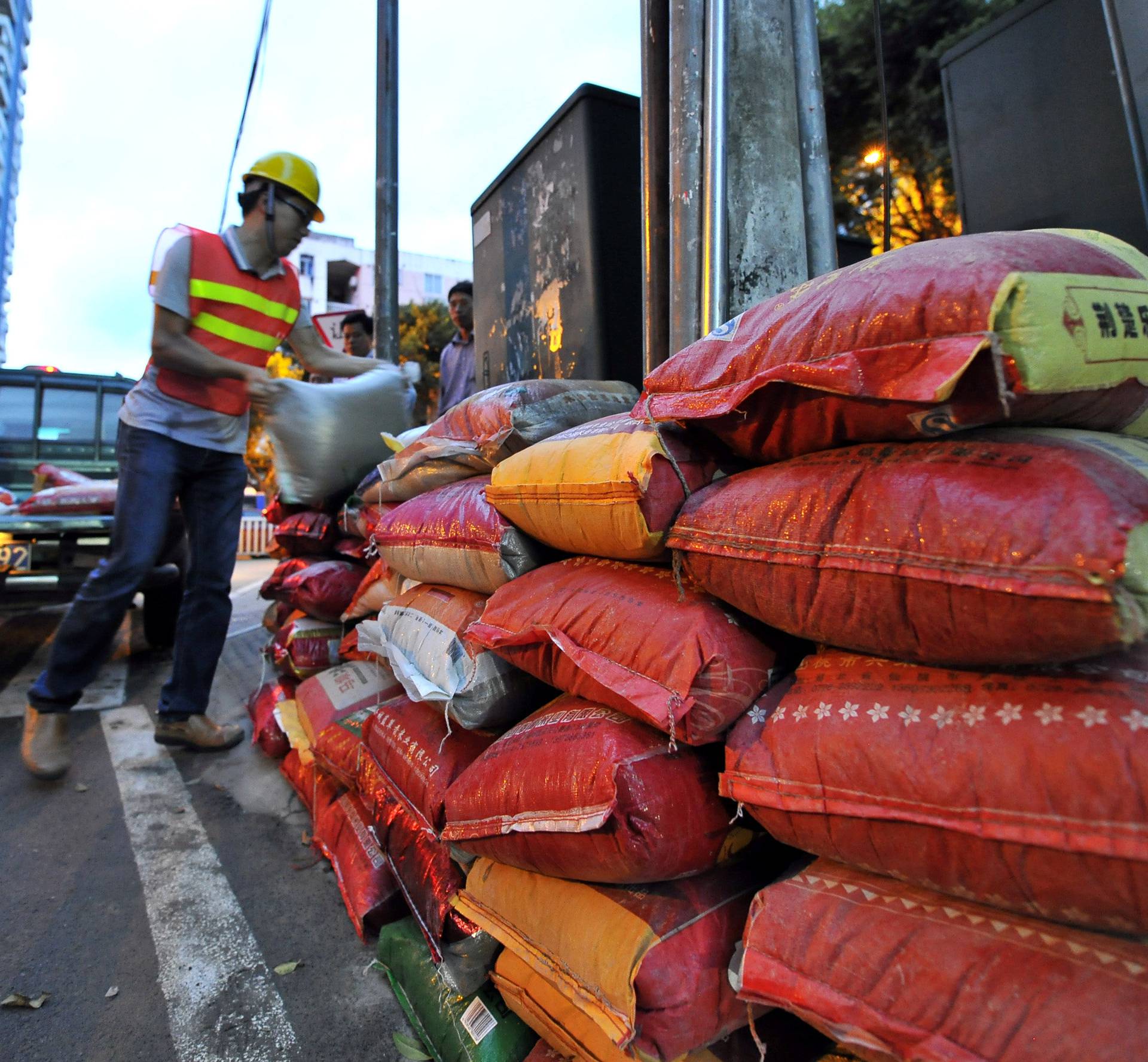 Workers prepare before Typhoon Meranti makes a landfall on southeastern China, in Fuzhou