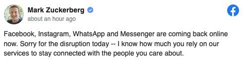 Screenshot of Facebook Chief Executive Mark Zuckerberg's post on Facebook after a nearly six-hour outage on  Facebook, Instagram and WhatsApp