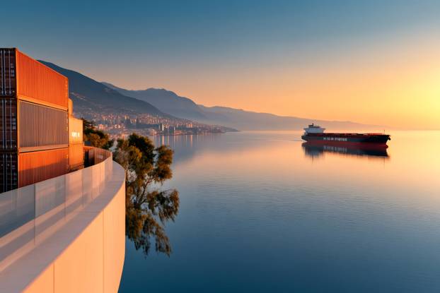 Cargo ship sailing near Rijeka, Croatia at sunrise with intermodal containers in the foreground