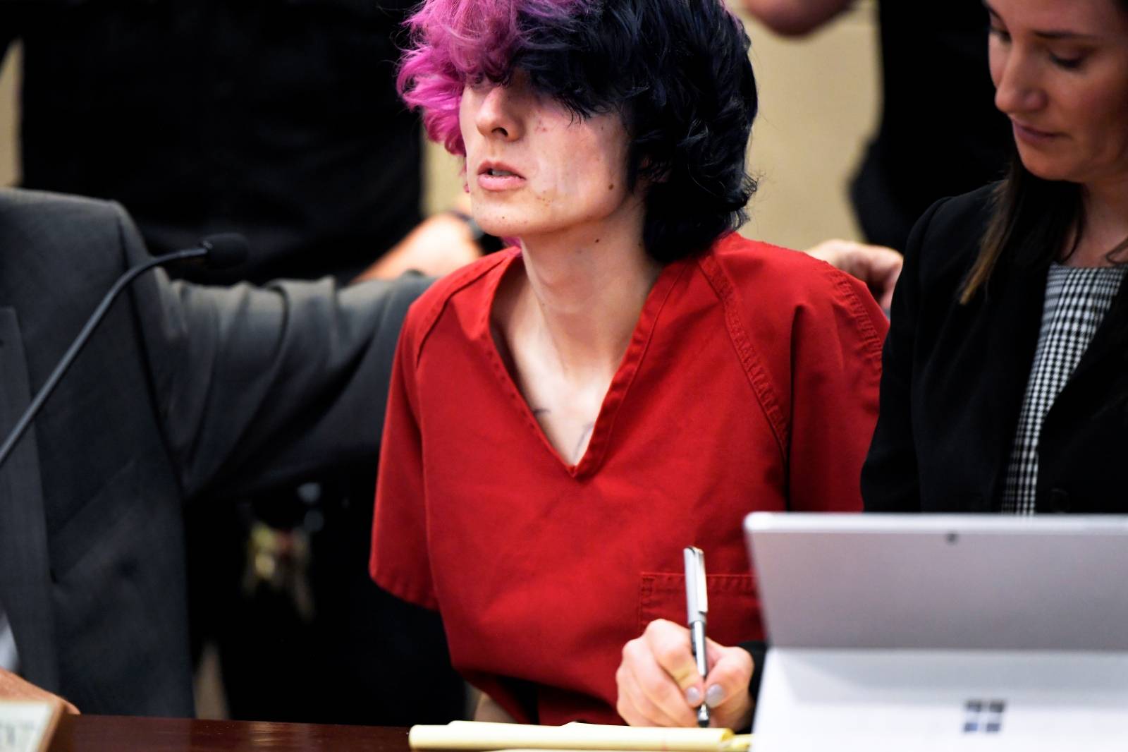 Devon Erickson, 18, accused of taking part in a deadly school shooting, appears at the Douglas County Courthouse where he faces murder and attempted murder charges, in Castle Rock, Colorado