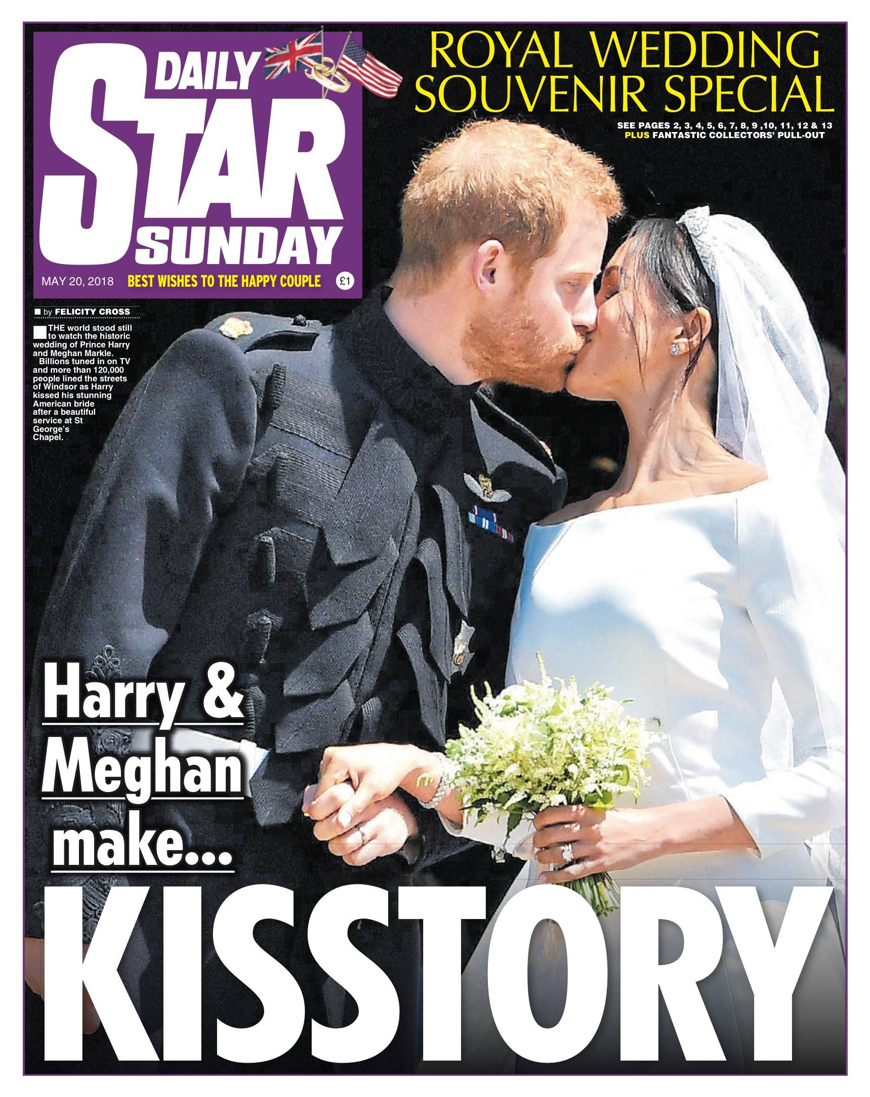Front pages of the British newspapers on Sunday 20 May 2018 following the wedding of Prince Harry and Meghan Markle yesterday.