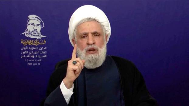 Lebanon&rsquo;s Hezbollah Chief Naim Qassem gives a televised speech