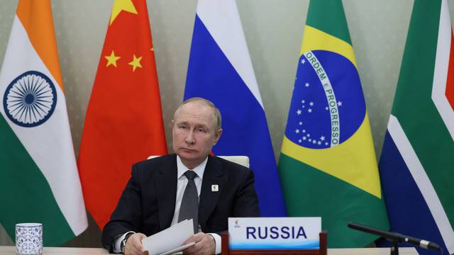 Russian President Vladimir Putin takes part in the 14th BRICS Summit via video link, in the Moscow Region