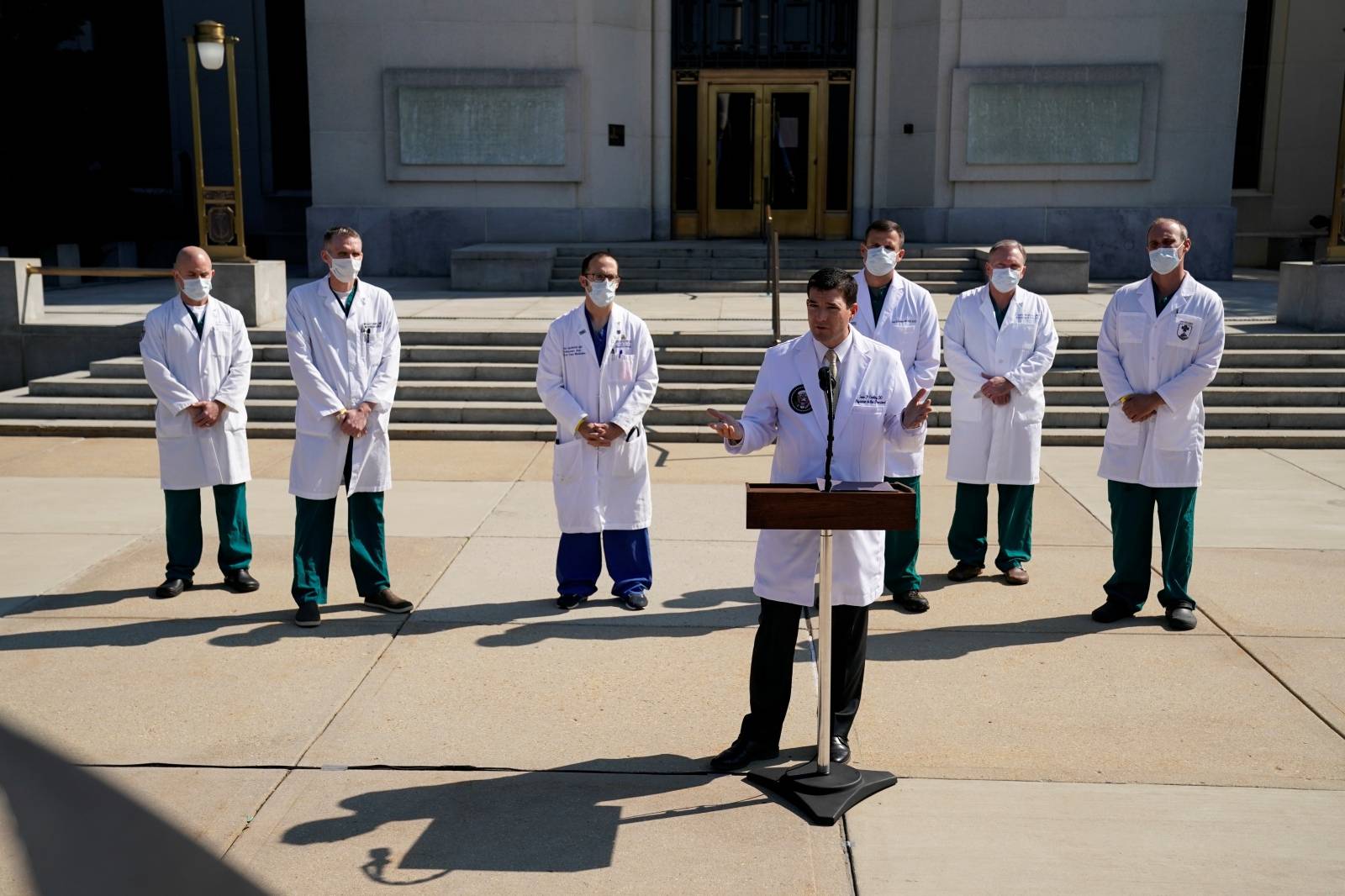 U.S. Navy Commander Dr. Sean Conley, the White House physician, speaks about U.S. President Donald Trump's health, in Bethesda