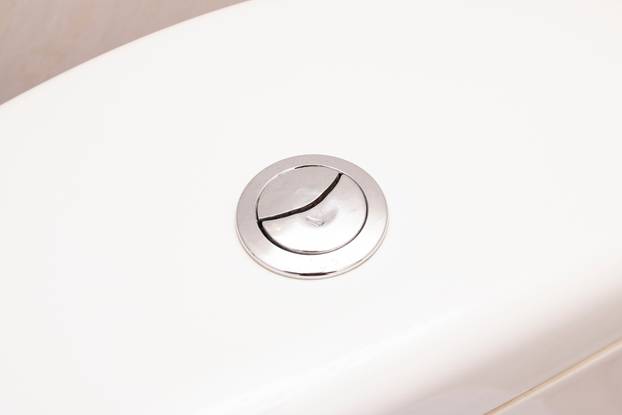 Flush button on a white toilet closeup