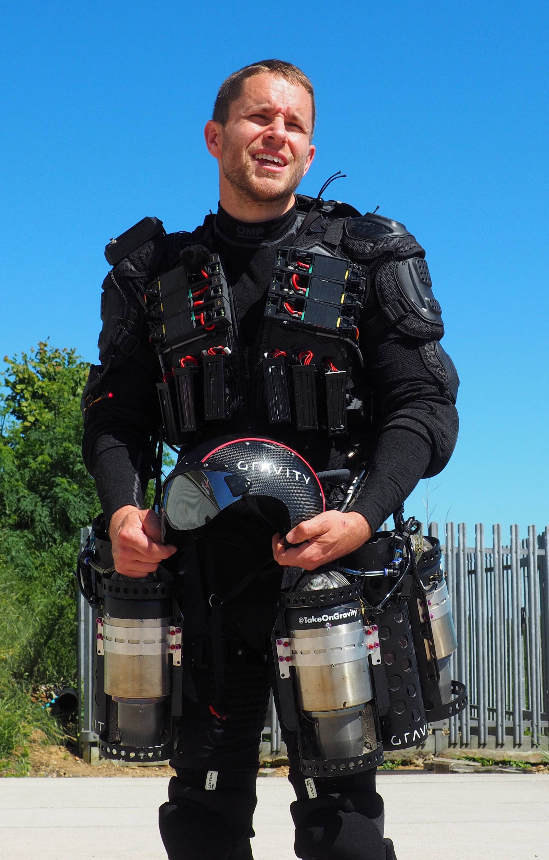 Inventor Richard Browning of technology startup Gravity wears his ÃDaedalusÃ jet suit after flight tests at Henstridge airfield in Somerset
