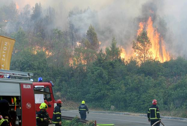 Vatrogasci se bore s vatrenom buktinjom na cesti prema Zatonu