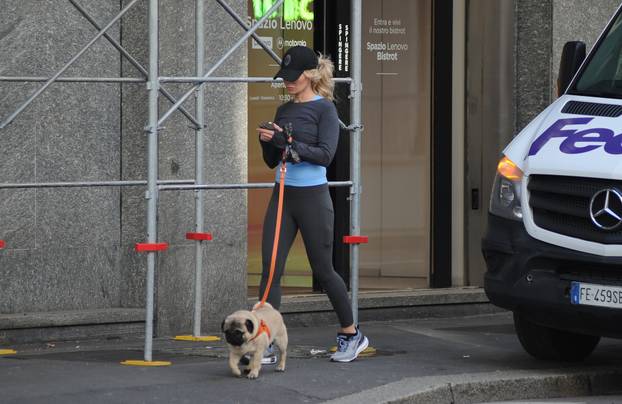Milan, Helena Seger goes shopping at Hermes in via Monte Napoleone with her dog