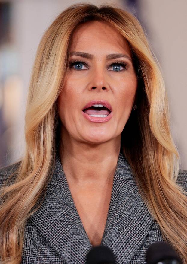 U.S. first lady Melania Trump delivers remarks regarding Jeffrey Epstein, from the White House in Washington