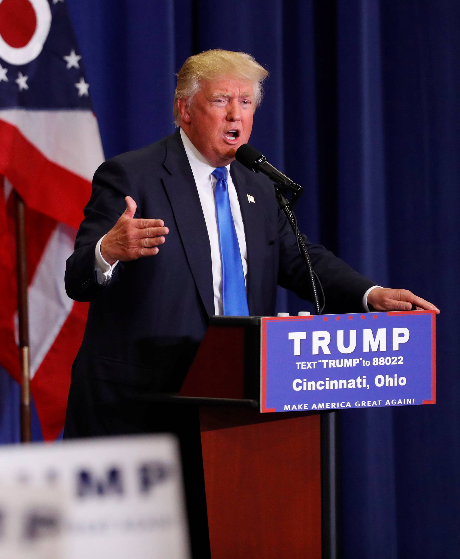 U.S. Republican presidential candidate Donald Trump speaks at a campaign rally at the Sharonville Convention Center in Cincinnati, Ohio