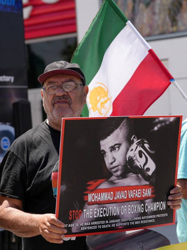 Protest ahead of Iran's first match during the FIFA World Cup 2026, near SoFi Stadium