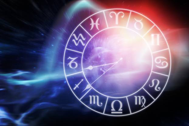 Composite image of digitally composite image of clock with various zodiac signs 