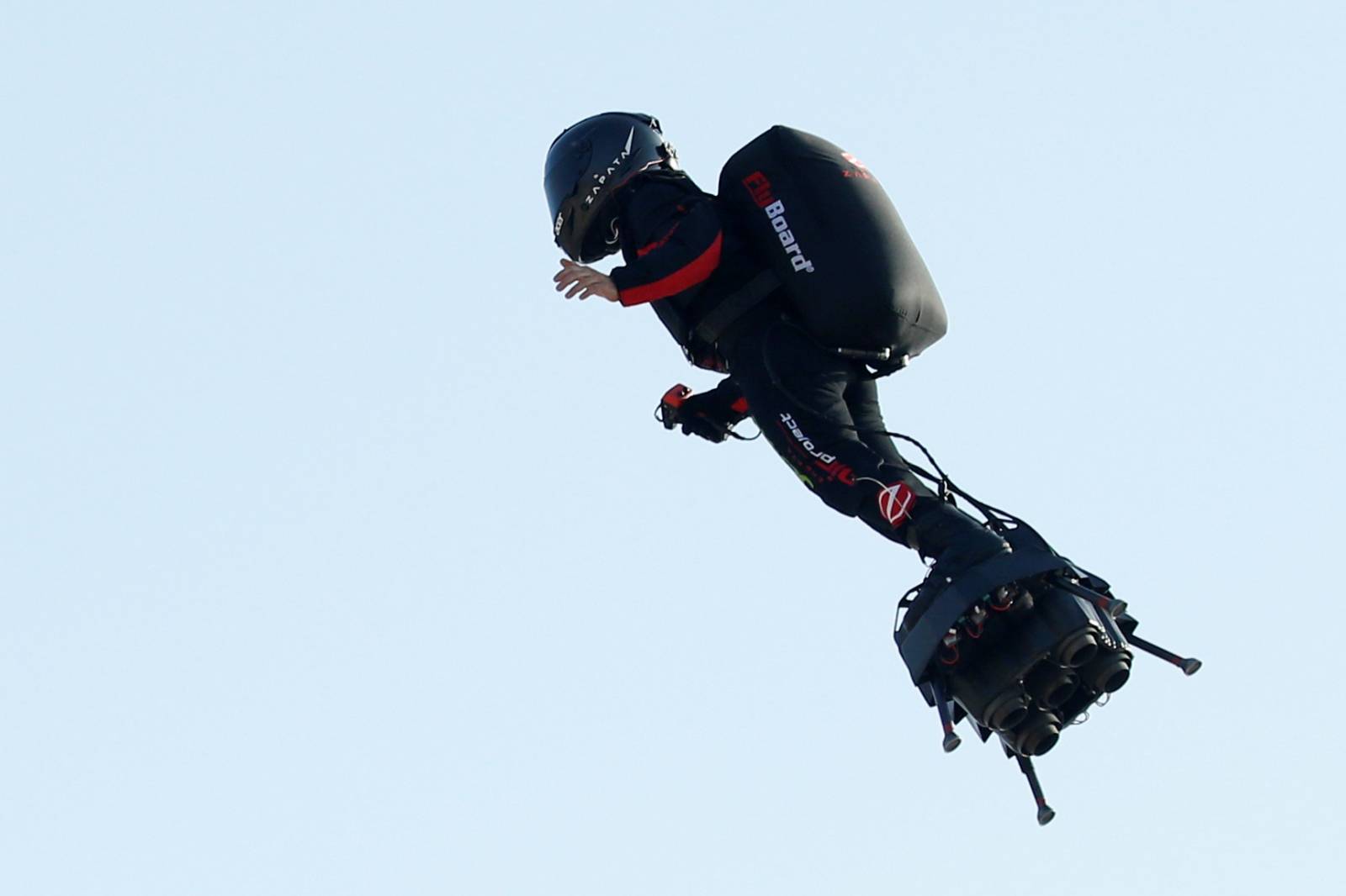 French inventor Franky Zapata takes off on a Flyboard to cross the English channel from Sangatte in France to Dover, in Sangatte