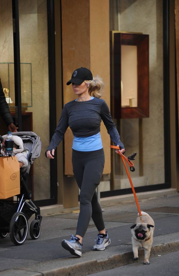 Milan, Helena Seger goes shopping at Hermes in via Monte Napoleone with her dog