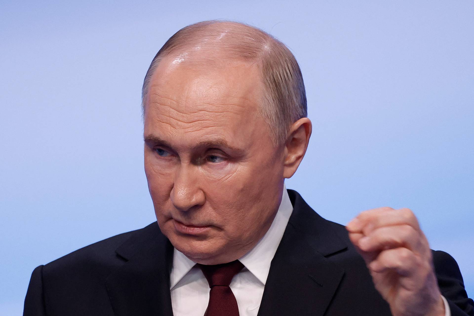 Russian incumbent President Putin speaks after polling stations closed, in Moscow