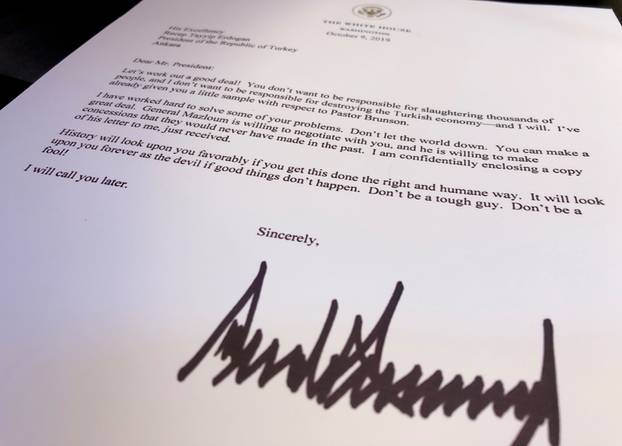 A letter from U.S. President Trump to President Erdogan is seen after being released by the White House in Washington