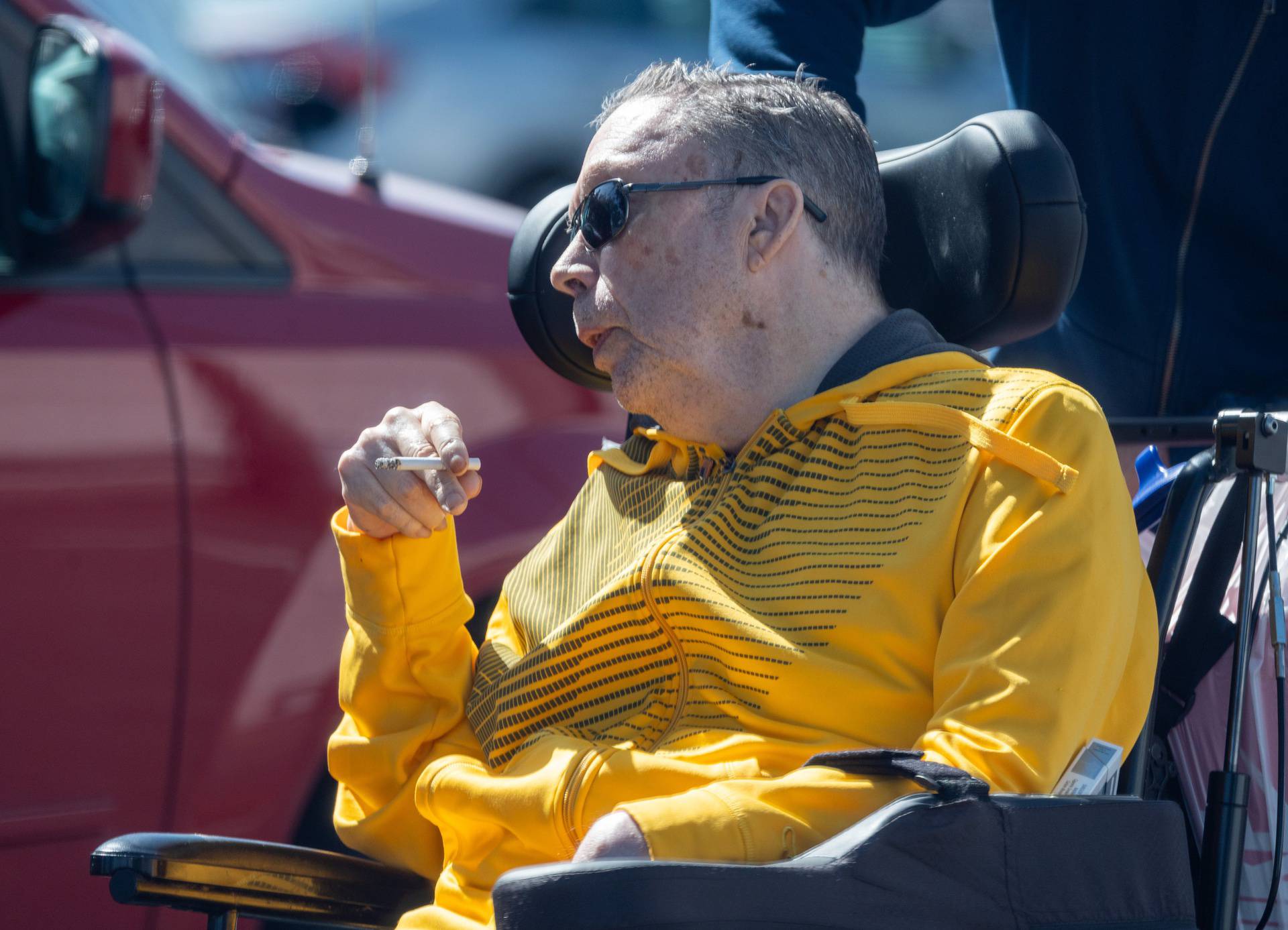 EXCLUSIVE: Smoke Show! Legendary Actor Tim Curry Looks Cool In Yellow Track Jacket While Smoking A Cigarette As He Celebrates His 78th Birthday In LA - 18 Apr 2024