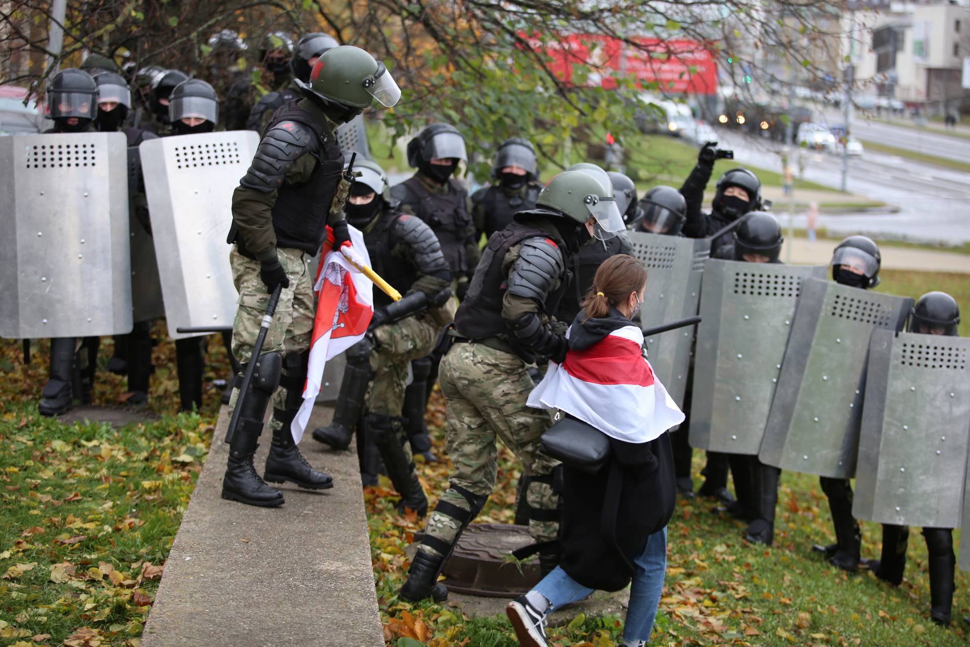 Belarusian opposition supporters hold a rally in Minsk