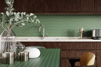 Kitchen,Interior,With,Hexagonal,Green,Mosaic,Backsplash.,3d,Rendering.