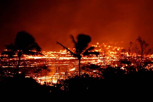 Lava flows past trees on the outskirts of Pahoa