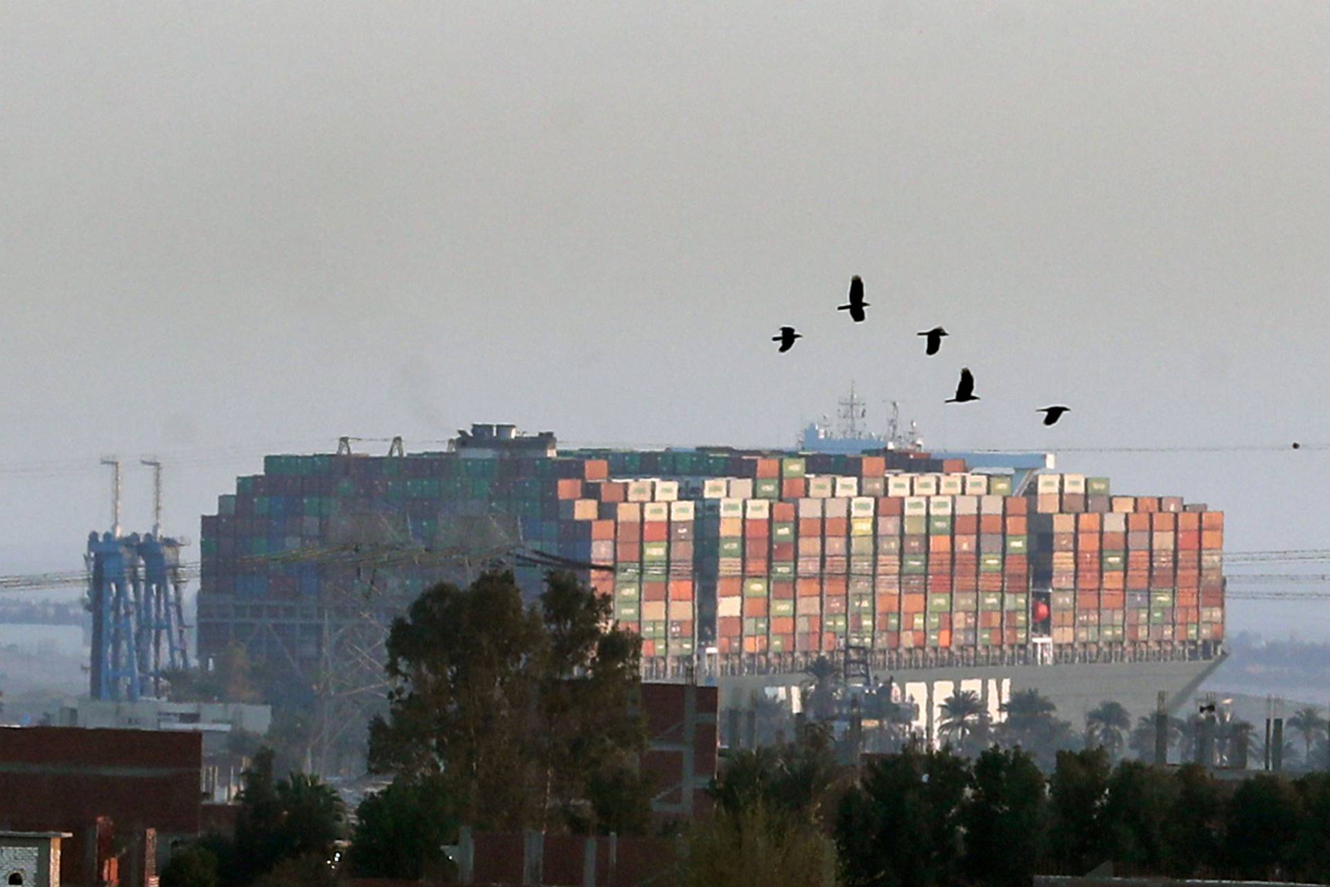 Stranded container ship Ever Given, one of the world's largest container ships, is seen after it ran aground, in Suez Canal