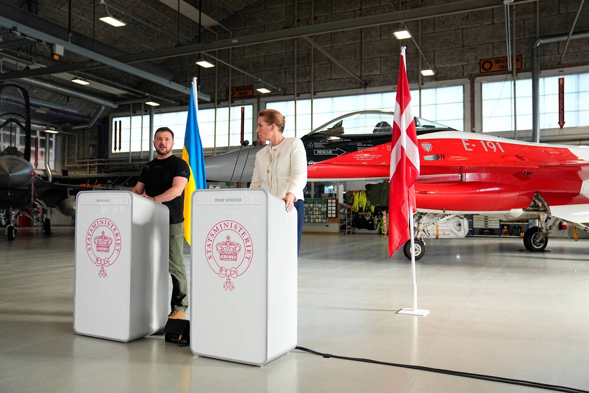 Ukrainian President Volodymyr Zelenskiy during a press conference at Skrydstrup Airbase in Vojens