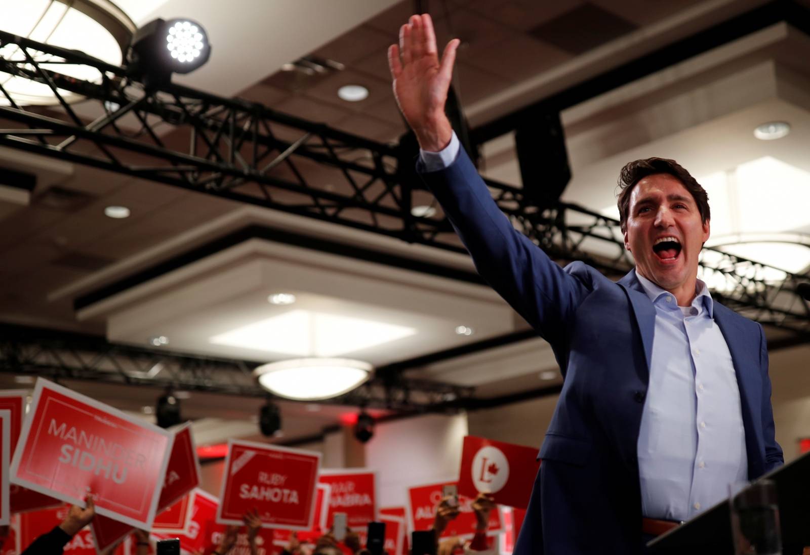 Liberal leader and Canadian Prime Minister Justin Trudeau attends a rally during an election campaign visit to Mississauga