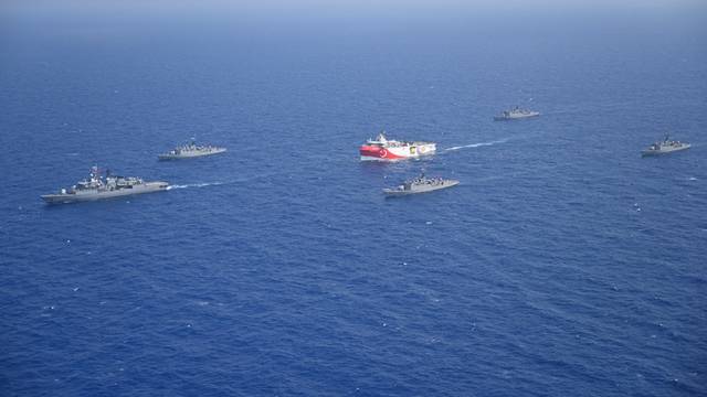 Turkish seismic research vessel Oruc Reis is escorted by Turkish Navy ships as it sets sail in the Mediterranean Sea