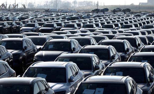 FILE PHOTO: New cars, among them new China-built electric vehicles of the company BYD, are seen parked in the port of Zeebrugge