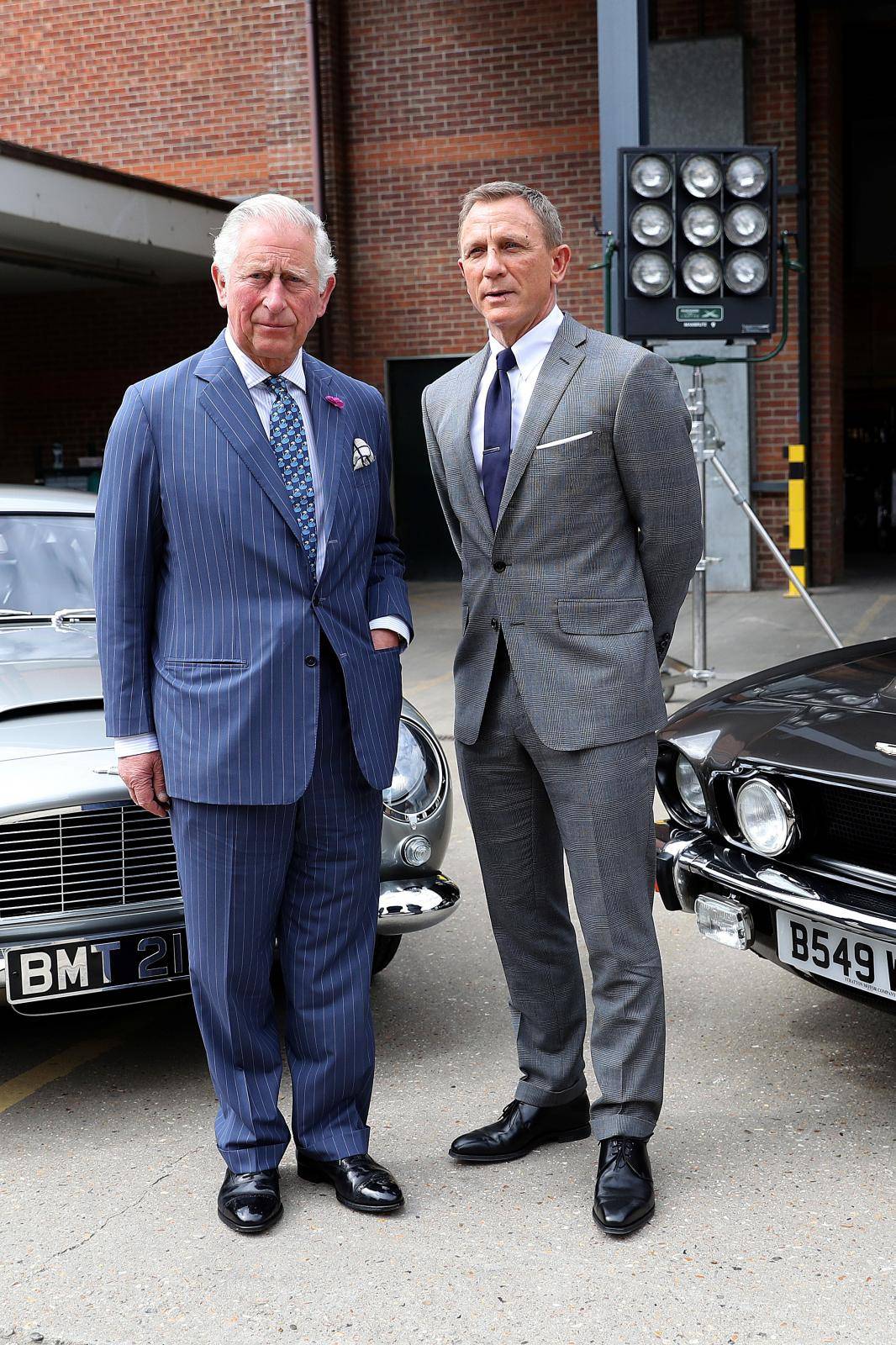 Britain's Prince Charles visits the set of James Bond at Pinewood Studios