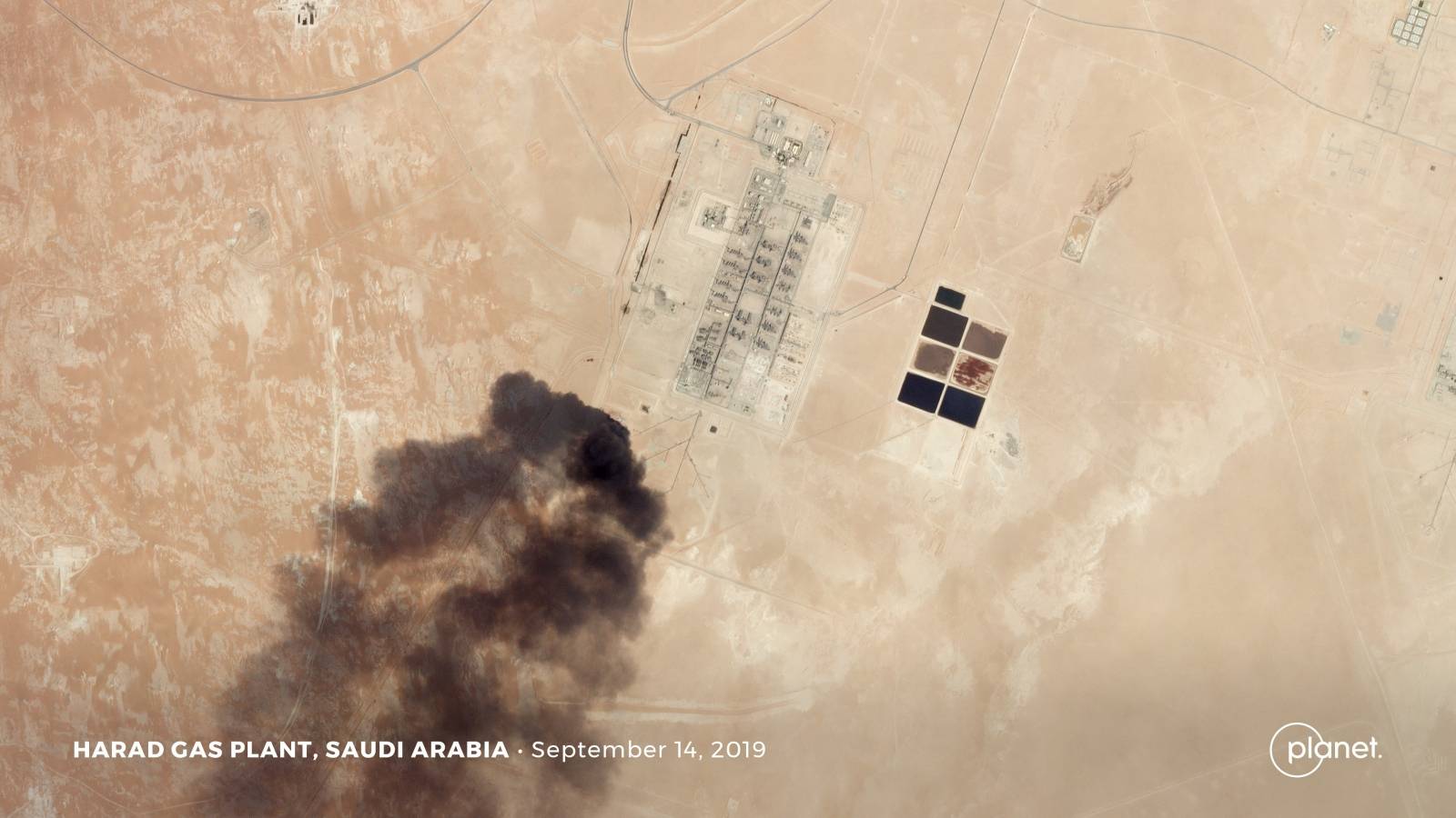A satellite image shows an apparent drone strike on an Aramco oil facility in Harad