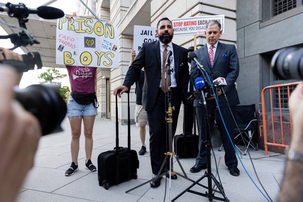 Nayib Hassan and Sabino Jauregui, attorneys for Proud Boys former leader Enrique Tarrio, speak to reporters in Washington