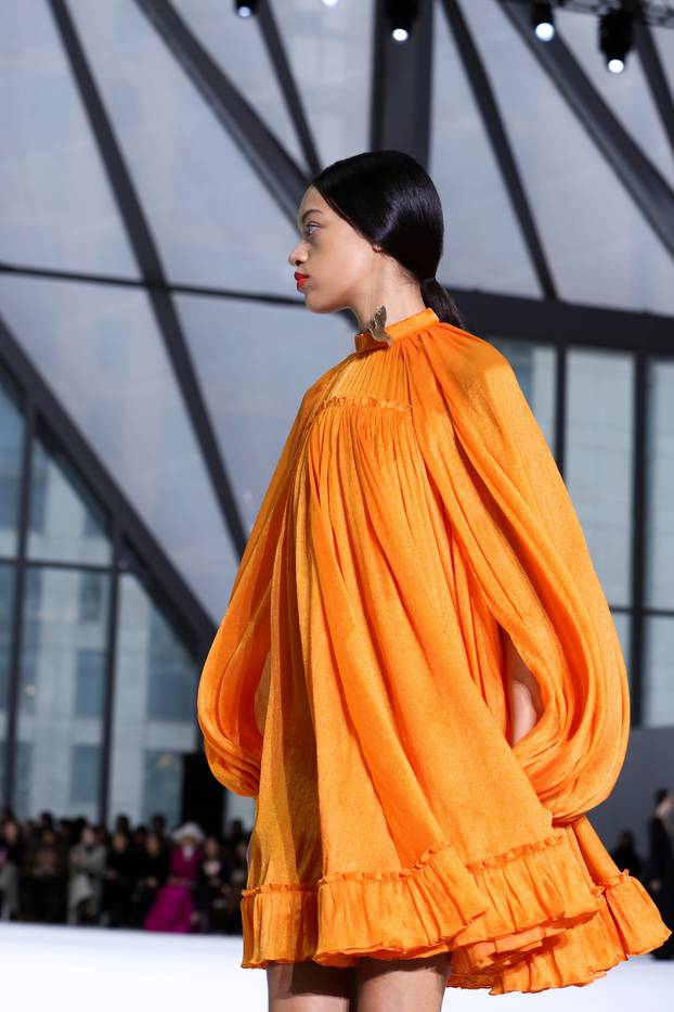 A model presents a creation from the Carolina Herrera Fall 2020 collection during New York Fashion Week