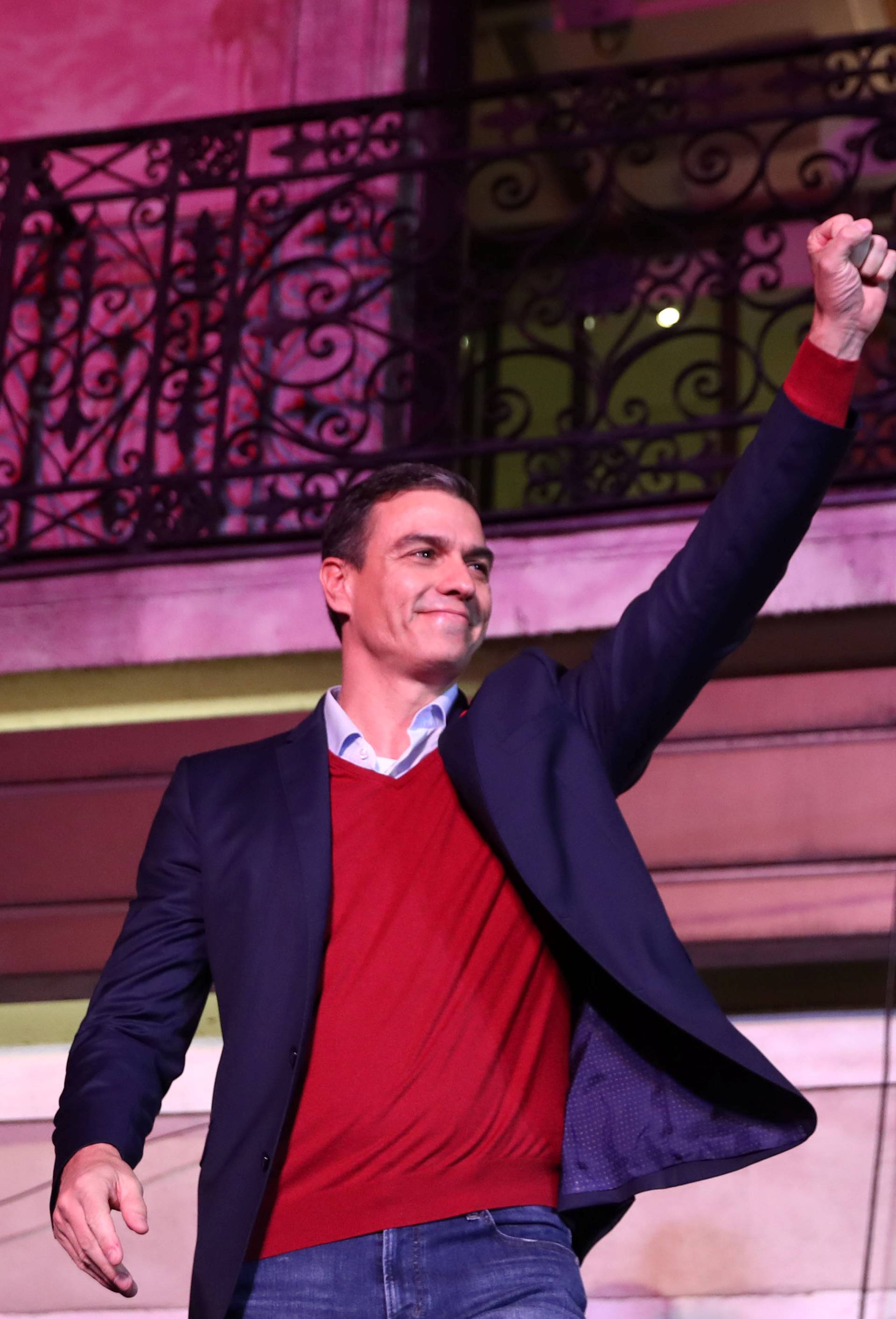 Spain's acting Prime Minister and Socialist Party leader (PSOE) candidate Pedro Sanchez speaks to supporters during Spain's general election at party headquarters in Madrid