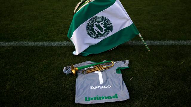 The jersey of goalkeeper Danilo of Chapecoense soccer team is pictured at the Arena Conda stadium during tribute to Chapecoense's players in Chapeco