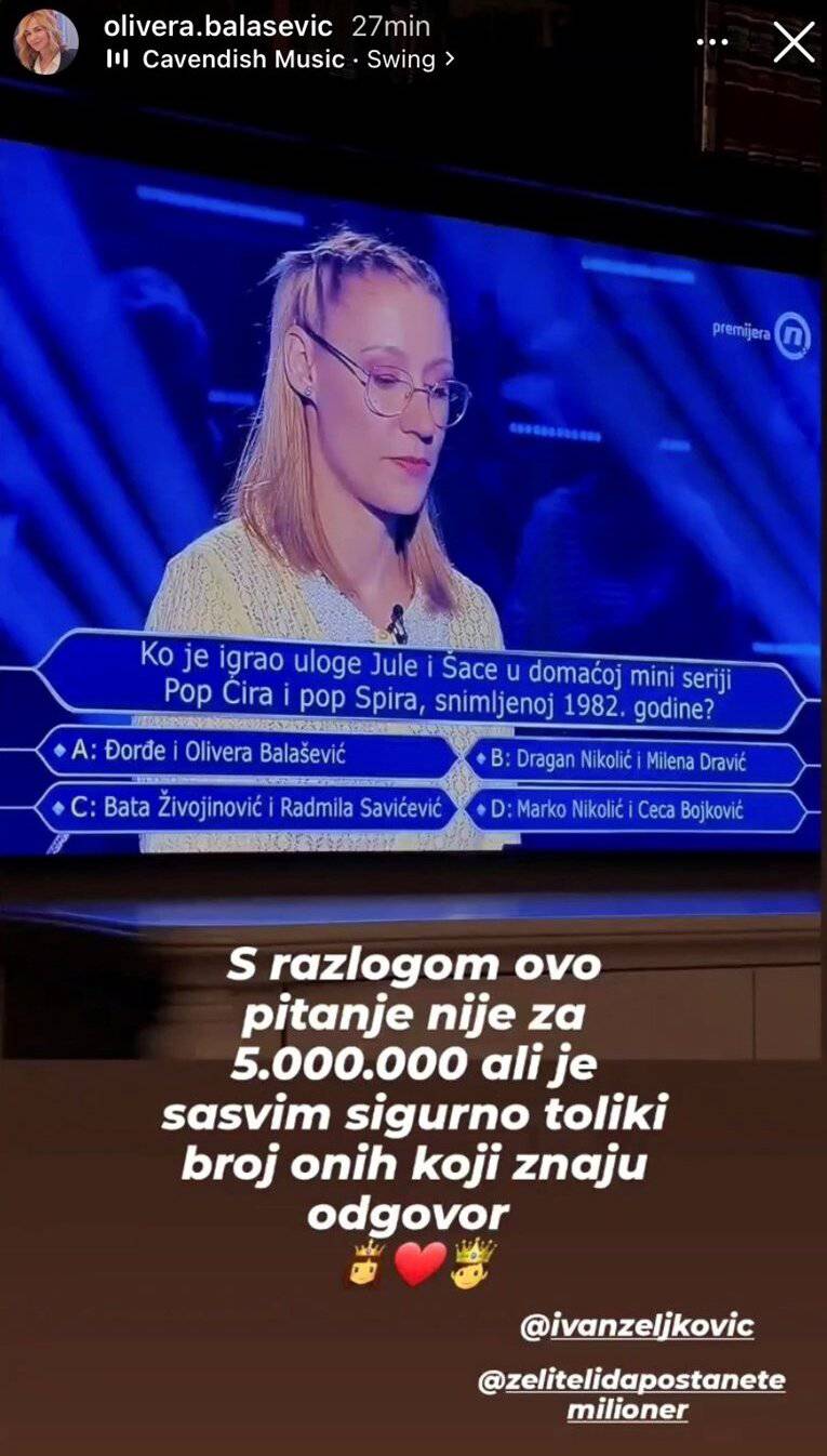 Olivera Balašević oduševljena pitanjem u Milijunašu: Odgovor sigurno zna 5.000.000 ljudi...