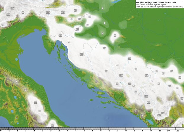 Slika 2. Prognozirana akumulacija snijega na tlu do subote 28. o&zcaron;ujka 2026. u 1 h po lokalnom vremenu. Izvor: ECMWF