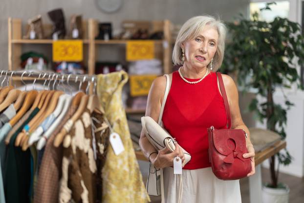 Mature woman choosing handbag in clothing store