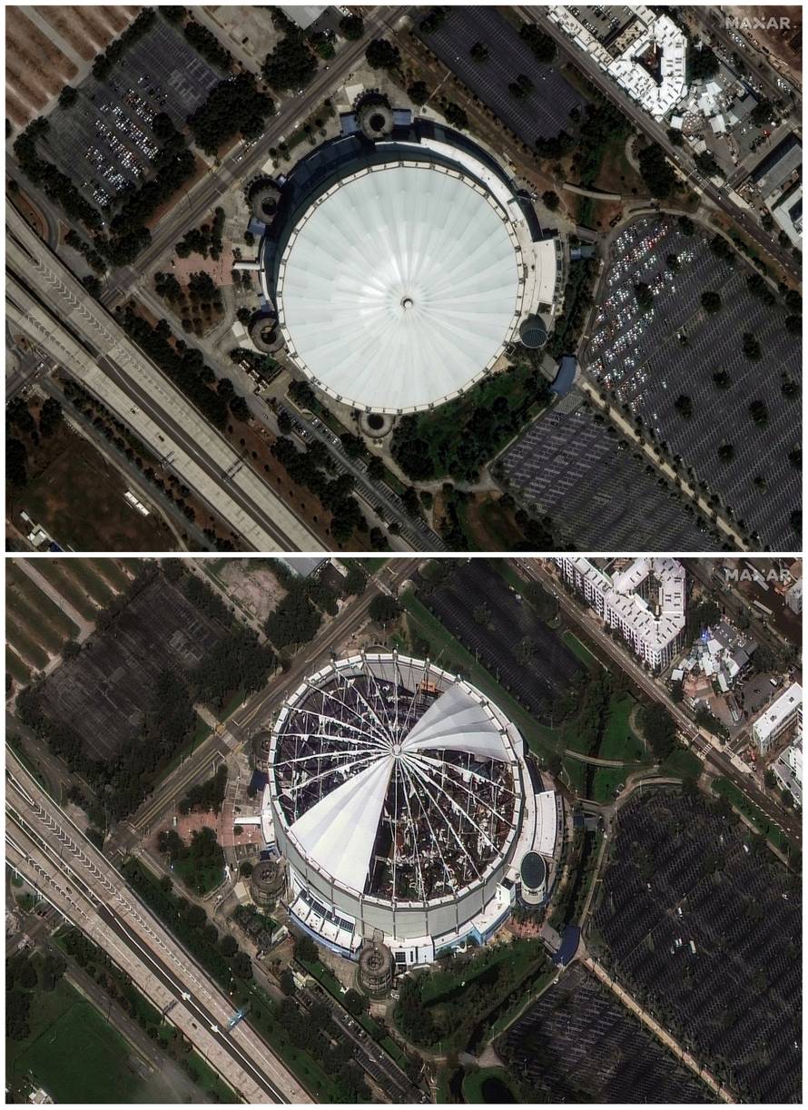 Combination picture of the Tropicana Field before and after the passing of Hurricane Milton, in St. Petersburg, Florida