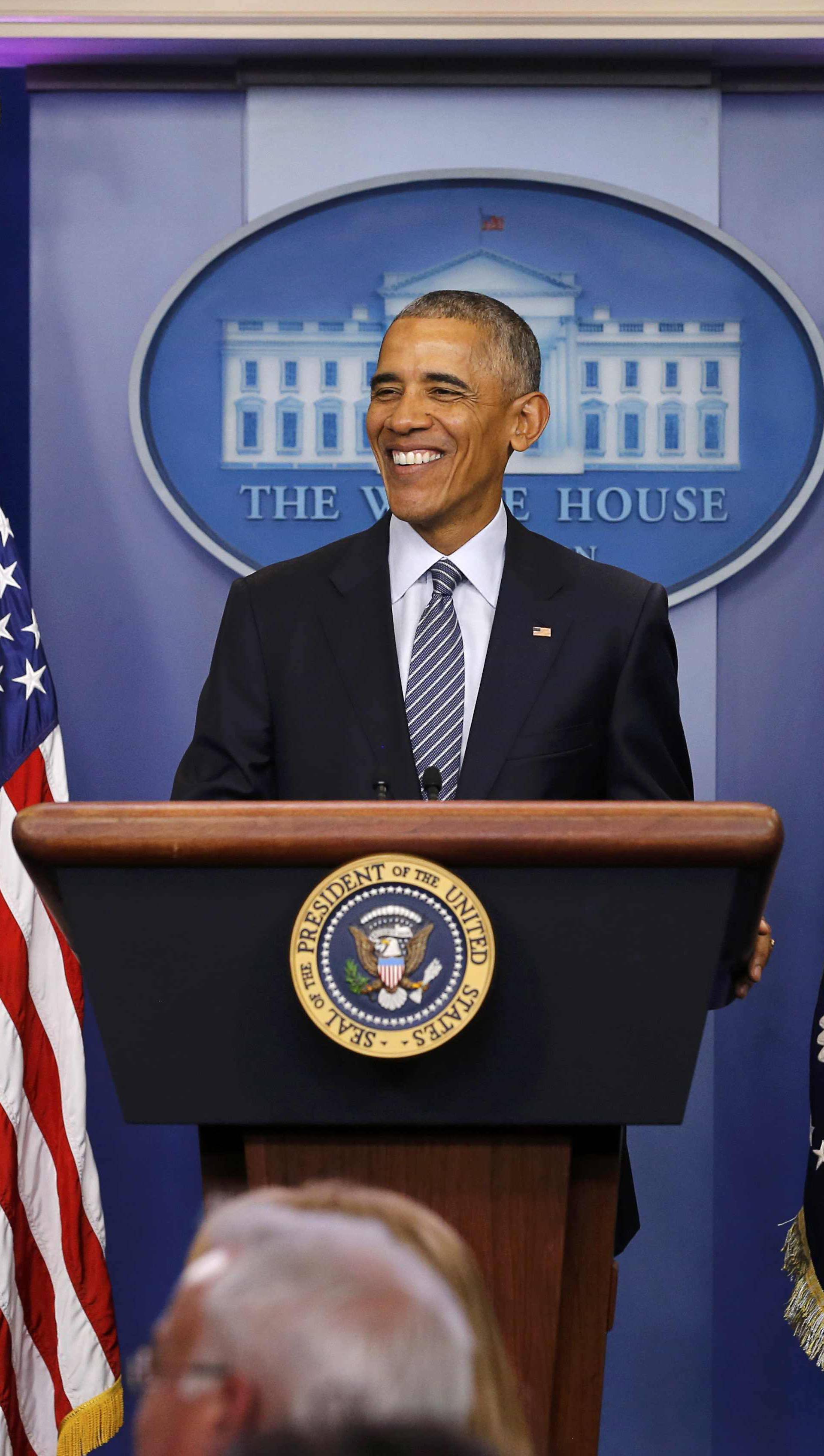 US President Barack Obama participates in news conference at the White House in Washington