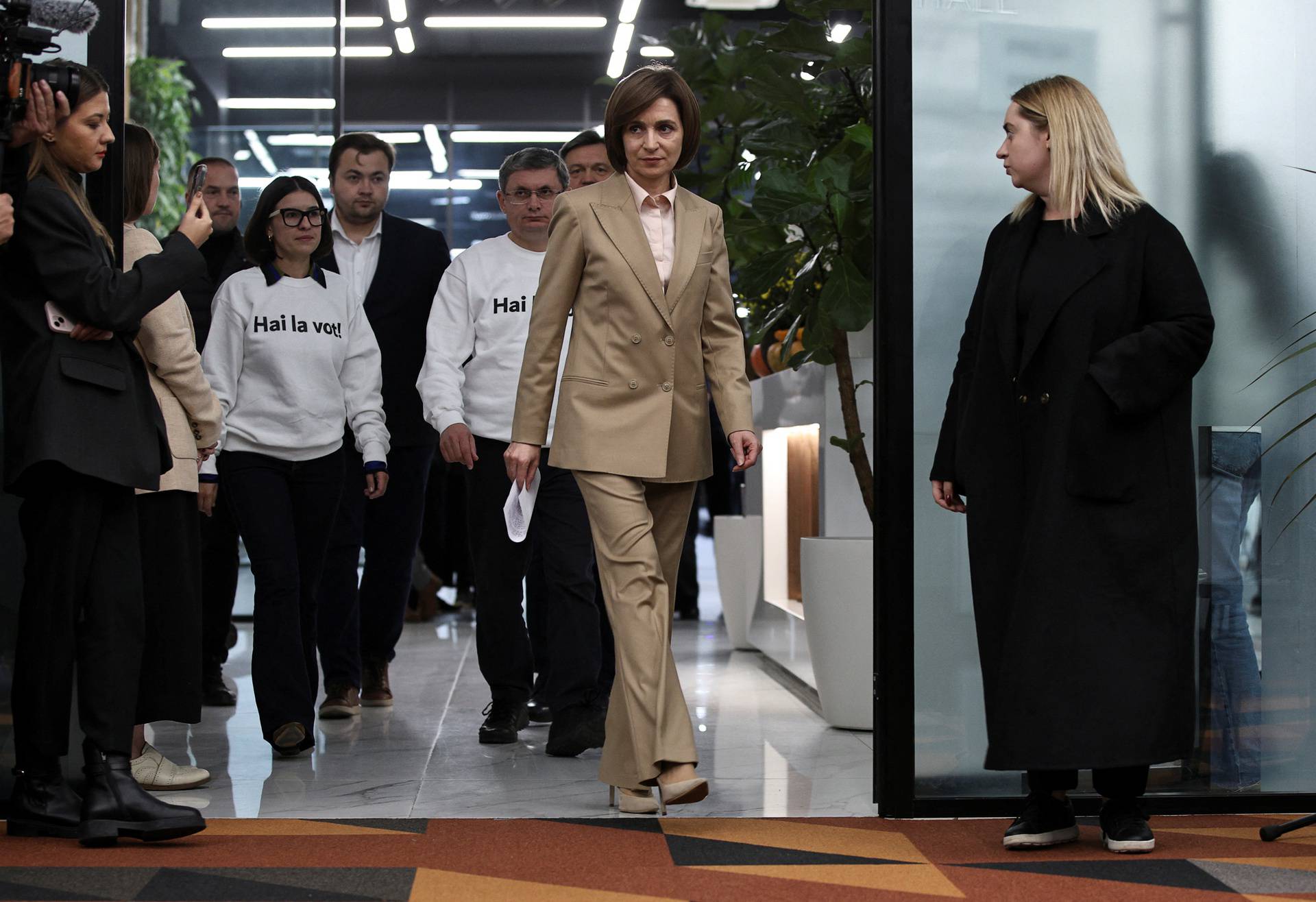 Moldova's incumbent President and presidential candidate Maia Sandu attends a news briefing in Chisinau