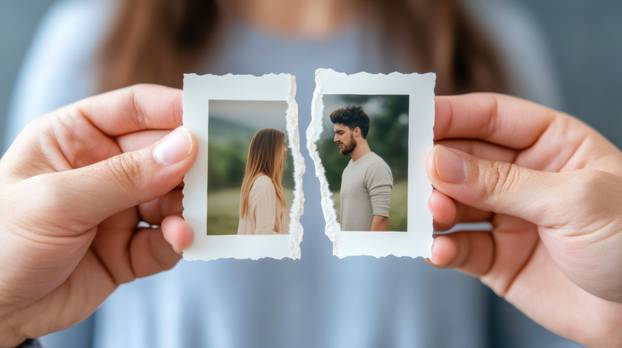 A person holding a torn photo of two people, AI