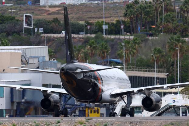 A French plane carrying passengers of cruise ship MV Hondius, which was affected by a hantavirus outbreak, takes off from Tenerife Sud airport