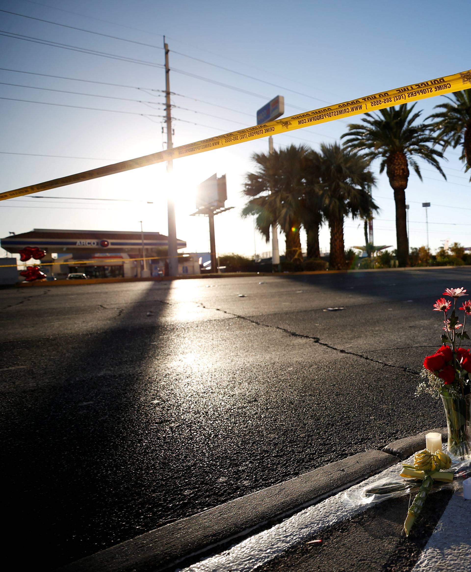 Flowers are pictured near the site of the mass shooting at the Route 91 Harvest Country Music Festival on the Las Vegas Strip in Las Vegas