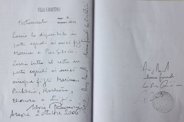 A photocopy of the handwritten will of former Italian Prime Minister Silvio Berlusconi
